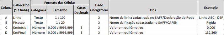 Formato do arquivo Excel para entrada da fixação